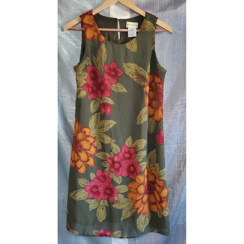 Jaclyn Smith Olive Green Shift Dress with Pink and Orange Floral Print